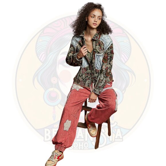 T574 POL Chocolate Brown Jacquard Denim Quilted Patch Jacket - Picture 3 of 3